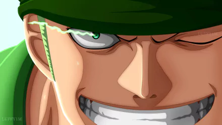 HD desktop wallpaper featuring a close-up of Roronoa Zoro from the anime One Piece, showcasing his intense expression and signature green bandana.