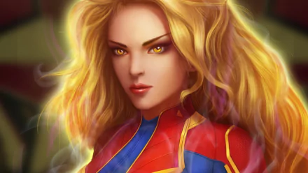 4K Ultra HD comic-style portrait of Captain Marvel with striking yellow eyes and flowing blonde hair, designed as a vibrant PC desktop wallpaper.