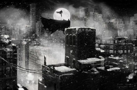 4K Ultra HD wallpaper featuring Batman overlooking a snowy Gotham City at night, inspired by the DC Comics movie Batman V Superman: Dawn of Justice.