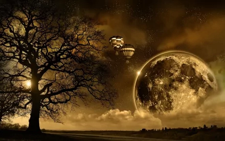 A surreal landscape featuring hot air balloons drifting near a large moon, set against a brown sky and silhouetted tree, creating a captivating fantasy and sci-fi atmosphere.
