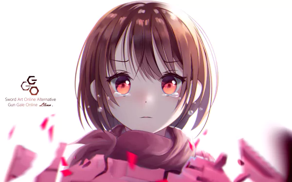 4K Ultra HD anime wallpaper featuring Karen Kohiruimaki as LLENN from Sword Art Online Alternative: Gun Gale Online, with detailed red eyes and a pink scarf.