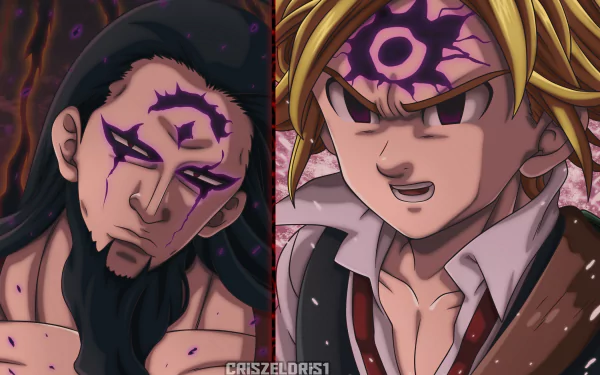 HD anime wallpaper featuring Demon King, Zeldris, and Meliodas from The Seven Deadly Sins, showcasing intense expressions and dark magical markings.