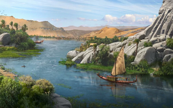 A fantasy landscape of the Nile River with a traditional ship sailing past rocky cliffs and lush greenery under a bright blue sky, rendered in HD for a PC desktop wallpaper.