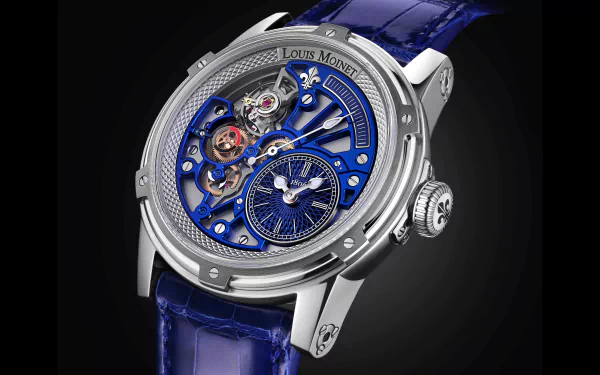 Louis Moinet man-made skeletonized luxury watch with blue dial and leather strap, detailed movement visible — 4K Ultra HD PC desktop wallpaper and background.