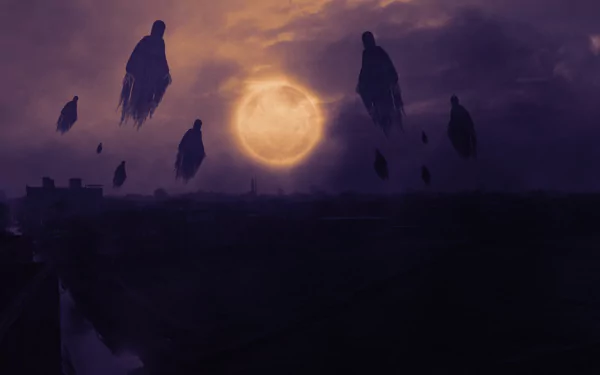 Dark, eerie HD PC desktop wallpaper featuring ghostly figures floating in a night sky illuminated by a large, glowing full moon.