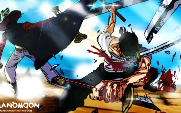 4K Ultra HD anime wallpaper featuring Roronoa Zoro and Dracule Mihawk from One Piece in an intense sword battle scene.