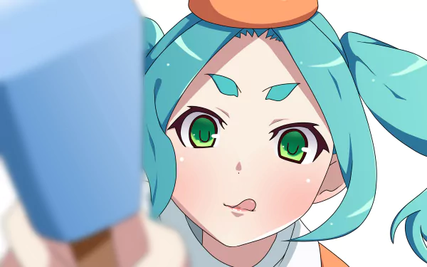 Close-up of Yotsugi Ononoki from the Monogatari series with blue hair and green eyes, rendered in 4K Ultra HD as an anime PC desktop wallpaper.