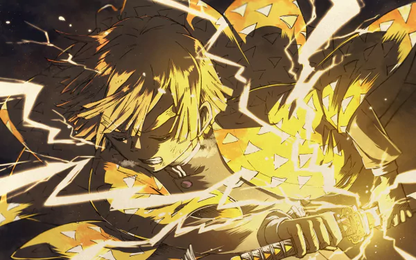 HD desktop wallpaper featuring Zenitsu Agatsuma from the anime Demon Slayer: Kimetsu no Yaiba, showing Zenitsu in an action-packed pose with lightning effects.