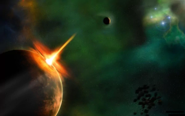 A captivating sci-fi scene featuring a dramatic collision, with a planet erupting in light against a backdrop of green cosmic phenomena and distant celestial bodies. HD desktop wallpaper.