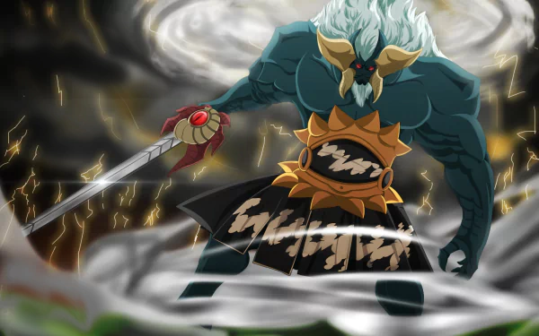 HD PC desktop wallpaper of Ikusa-Tsunagi (Anime, Fairy Tail): horned, armored warrior raising a sword amid swirling storm clouds and crackling lightning.