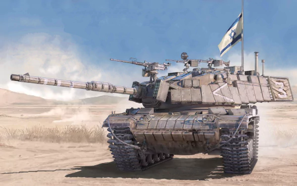 HD PC desktop wallpaper featuring a detailed Magach military tank positioned in a desert setting with an Israeli flag flying.