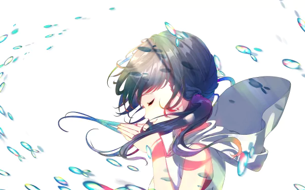 4K Ultra HD anime wallpaper featuring Hina Amano from Weathering with You, surrounded by delicate water droplets and soft lighting effects.