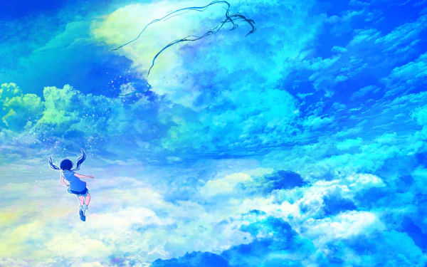 Anime-style 4K Ultra HD desktop wallpaper featuring Hina Amano from Weathering with You soaring through a vibrant, cloud-filled sky.