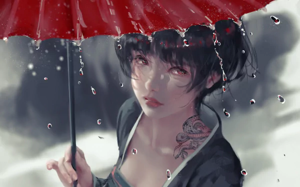 HD PC desktop wallpaper featuring a GhostBlade comic-style character with dark hair, a tattoo, and a red umbrella in the rain.