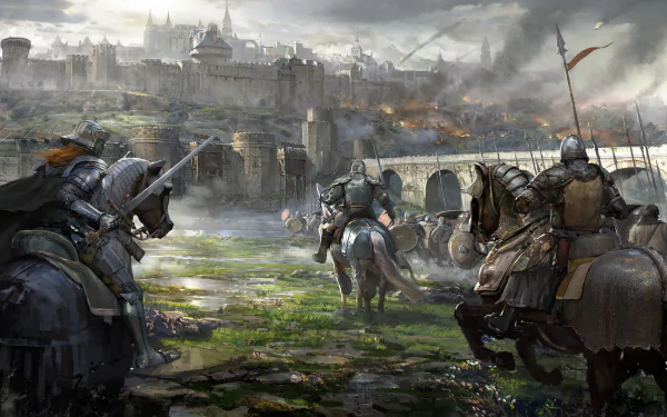 A fantasy warrior in armor wields a sword on horseback, charging toward a castle under siege in this HD desktop wallpaper depicting epic war and medieval knights.