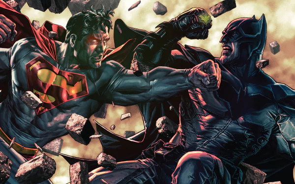 HD PC desktop wallpaper featuring Superman and Batman from DC Comics engaged in an intense battle, showcasing dynamic comic-style artwork.