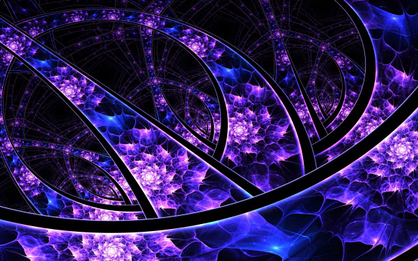 Abstract fractal design featuring swirling purple and blue curves with intricate floral patterns, presented in 4K Ultra HD for a vibrant PC desktop background.