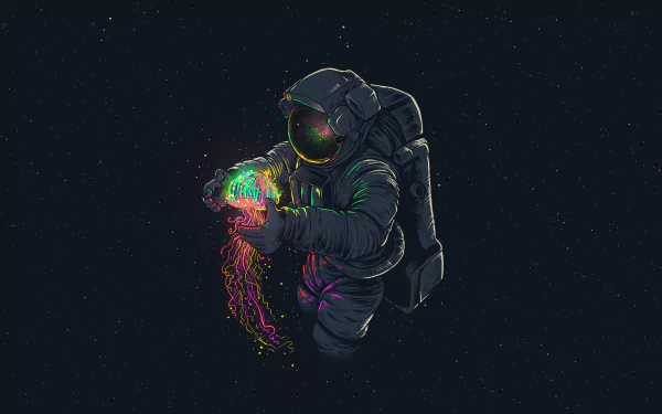 HD wallpaper featuring an astronaut in space holding a vibrant, glowing jellyfish against a dark, starry background, blending science fiction and surrealism.