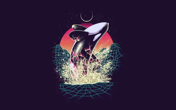 HD desktop wallpaper featuring a minimalist retro wave orca leaping from the waves against a vibrant sunset and a crescent moon. The artistic design presents a striking blend of colors and geometric patterns.