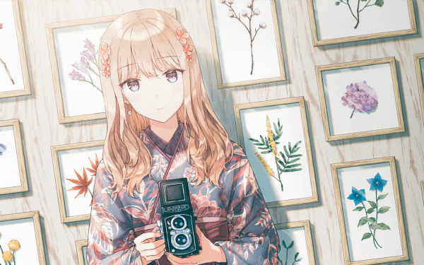 Anime artwork featuring a blonde girl with grey eyes in a floral yukata, holding a vintage camera. The background displays framed botanical illustrations, enhancing the serene atmosphere. HD desktop wallpaper.