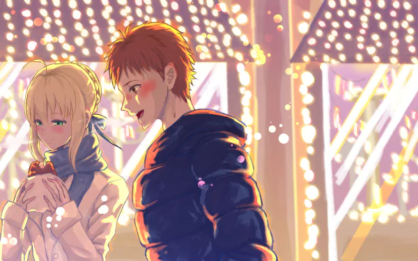 8K Ultra HD PC wallpaper: Saber (Artoria Pendragon) and Shirou Emiya from Fate/Stay Night, anime-style, sharing a quiet moment amid warm, glowing decorative lights.