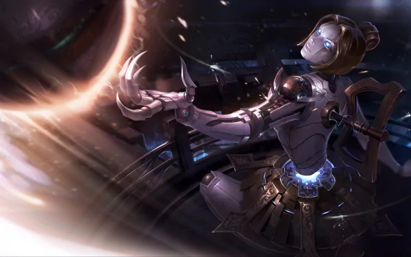 HD desktop wallpaper featuring Orianna from League of Legends, set in a dark, futuristic background with glowing elements.