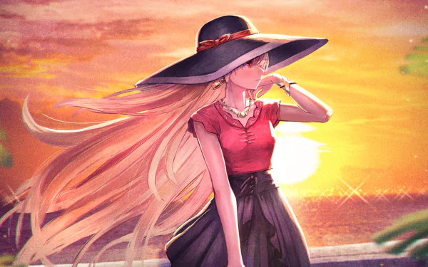Ereshkigal from Fate/Grand Order stands in a flowing dress and wide-brim hat, her long blonde hair and red eyes glowing against a vivid anime sunset backdrop.