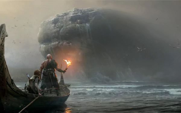 Kratos and Atreus face a colossal sea creature in a moody, atmospheric scene from the God of War (2018) video game, rendered in 4K Ultra HD for PC desktop.