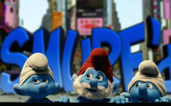 HD desktop wallpaper featuring three characters from The Smurfs movie with a colorful city backdrop and the bold blue word SMURFS in the background.