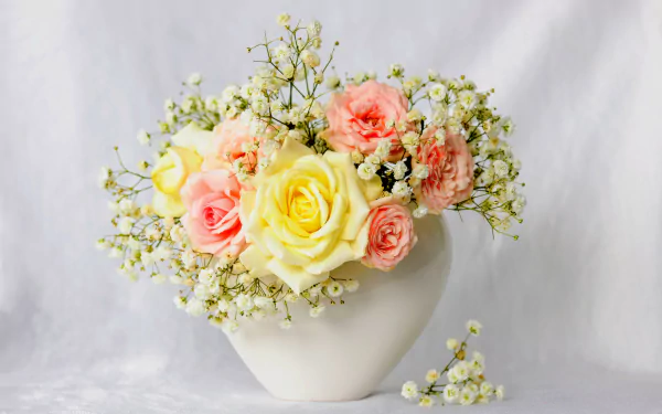 baby's breath rose vase man made flower HD Desktop Wallpaper | Background Image