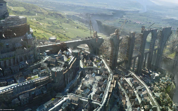 HD desktop wallpaper of a fantasy medieval city with a grandiose bridge under construction. Set against a vast, scenic landscape, the image captures intricate architectural details and expansive city views.