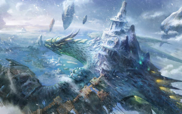 HD desktop wallpaper featuring a majestic snow-covered dragon intertwined with a fantastical icy fortress, set in a dreamy and expansive landscape.