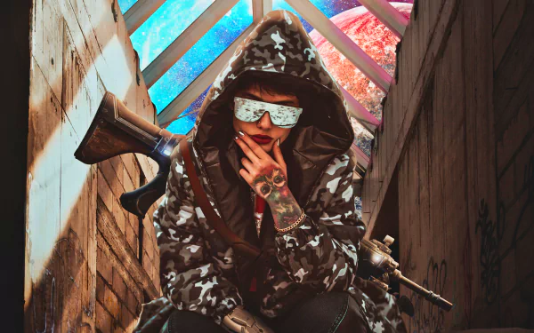 gun tattoo sunglasses hood camouflage woman model HD Desktop Wallpaper | Background Image