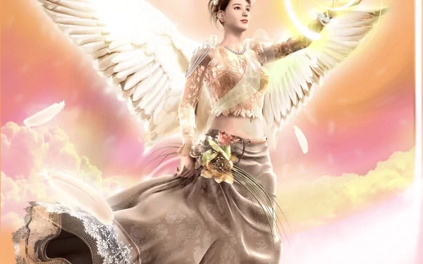 A fantasy-themed HD wallpaper featuring a fairy with angelic wings, adorned in an elegant dress, surrounded by a pastel sky and ethereal clouds.