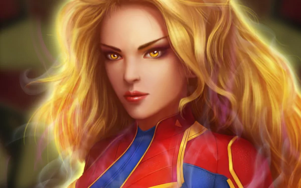 4K Ultra HD comic-style portrait of Captain Marvel with striking yellow eyes and flowing blonde hair, designed as a vibrant PC desktop wallpaper.