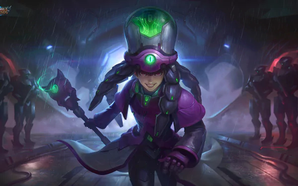 4K Ultra HD PC desktop wallpaper of Mobile Legends: Bang Bang hero in purple-green cyber armor, smirking as they charge forward with a glowing staff amid a rain-soaked, neon-lit battlefield.