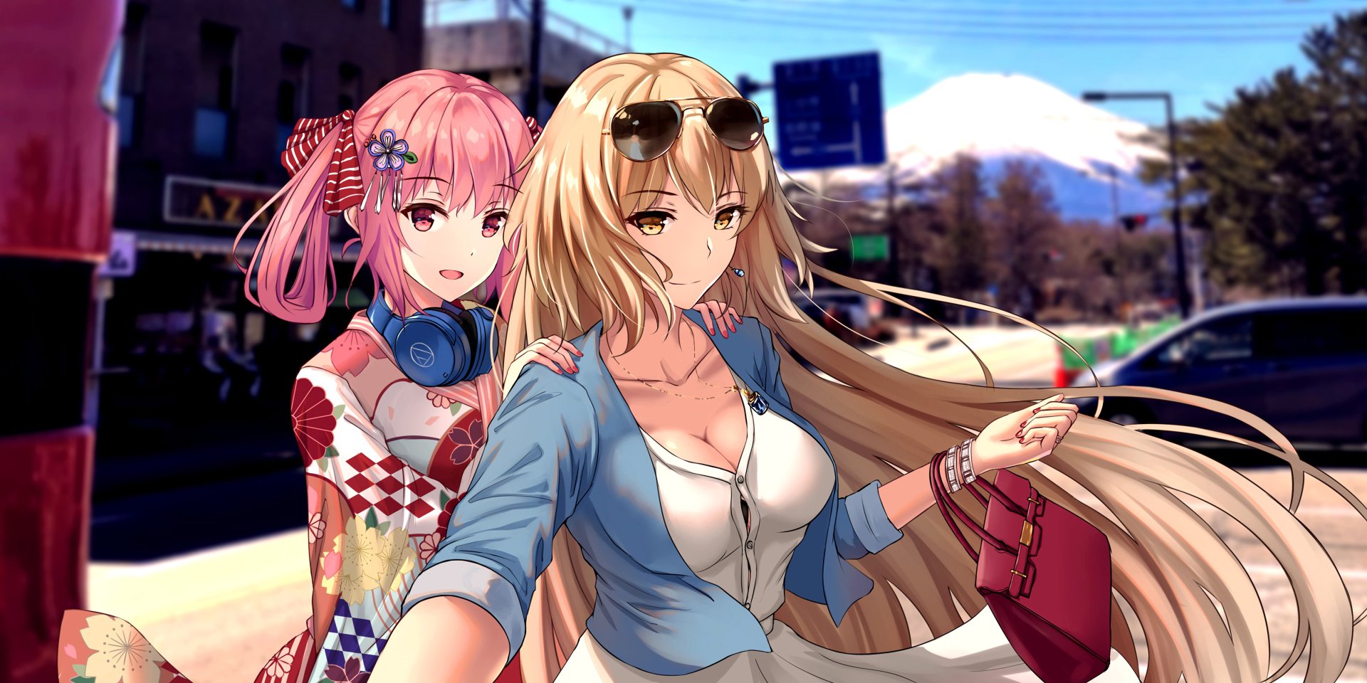 Anime-style 4K desktop wallpaper featuring Fate/Grand Order's Jeanne d'Arc Alter and another character with pink hair, wearing kimonos, headphones, sunglasses, and accessories.