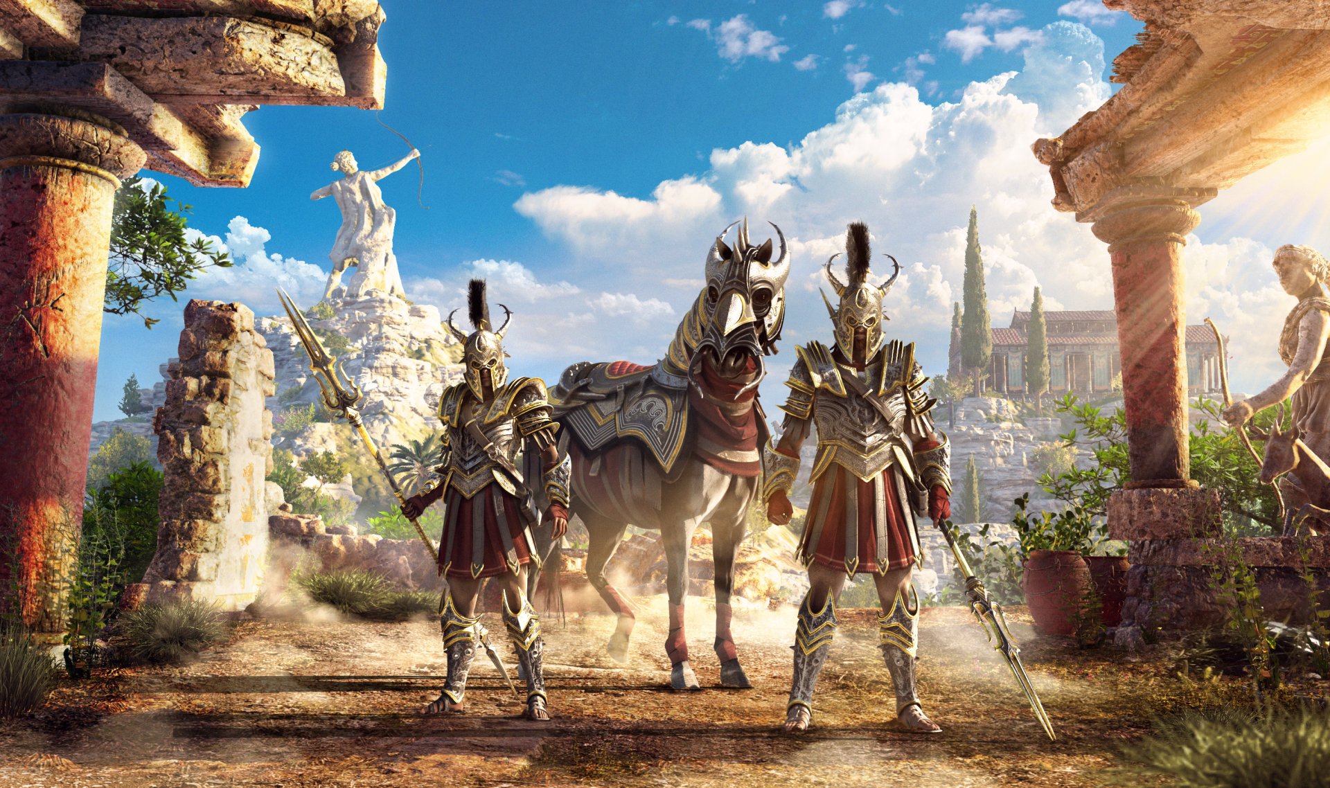 Assassin's Creed Odyssey 2K Quad HD PC desktop wallpaper: two armored hoplites and a war horse amid ancient Greek ruins under a bright sky.