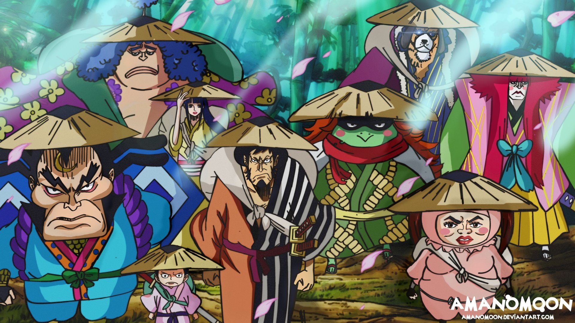Anime One Piece 8K Ultra HD PC desktop wallpaper and background: a group of samurai-styled, colorful characters in straw hats stand in a sunlit forest with falling petals.