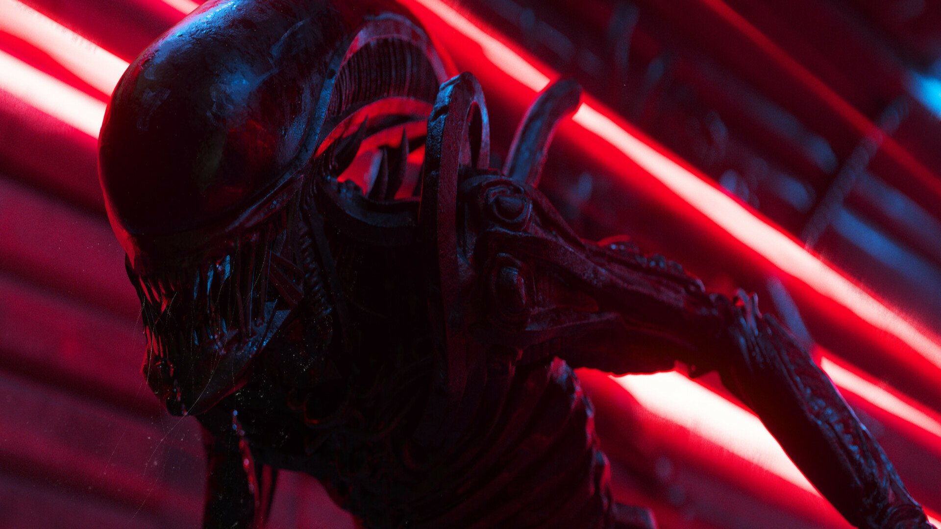 HD sci-fi desktop wallpaper featuring a menacing xenomorph alien illuminated by striking red neon lights.