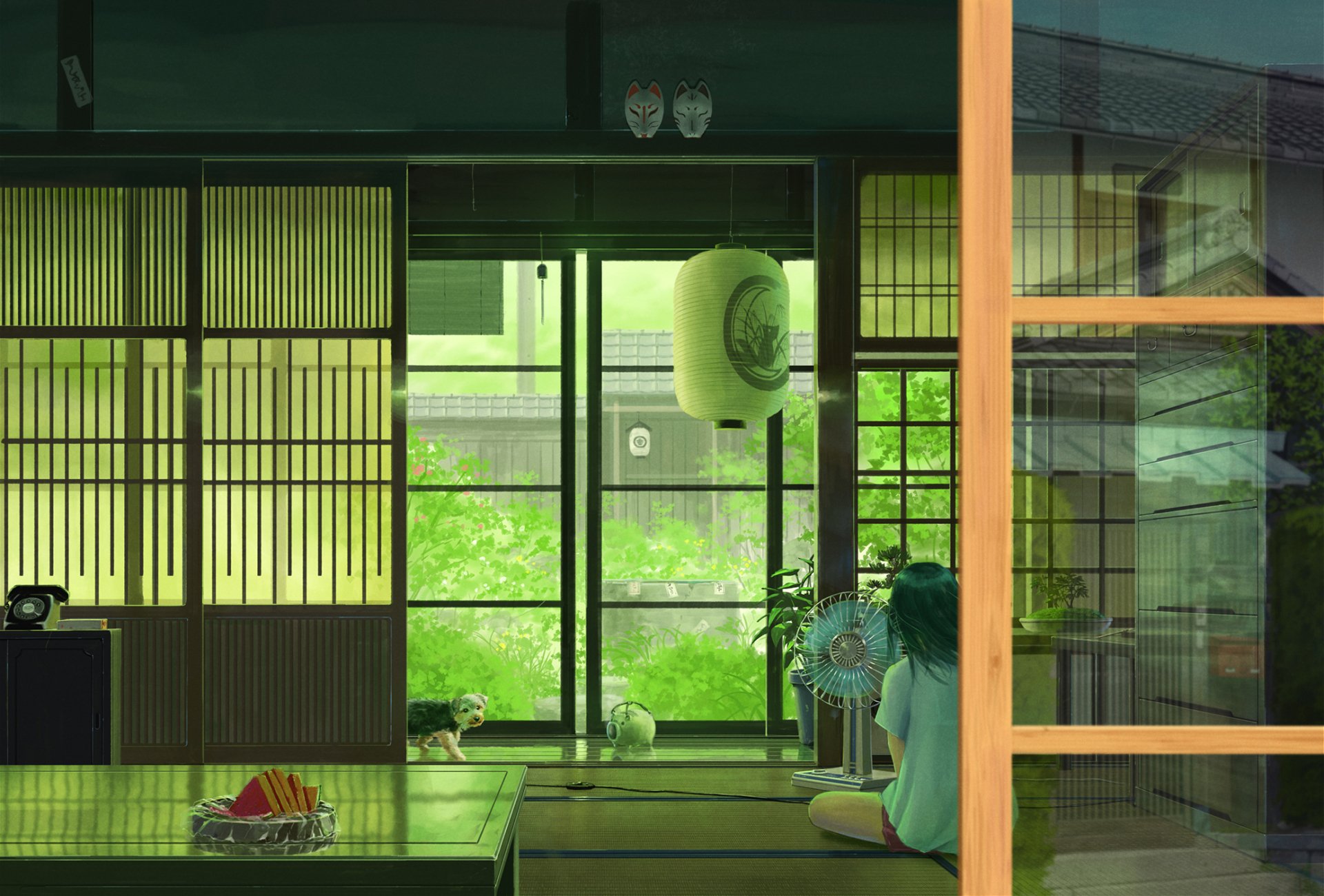 Anime-style room with traditional Japanese sliding doors and a large window overlooking a garden. A person with blue hair sits on the floor, a dog is present, and masks adorn the walls. HD desktop wallpaper.