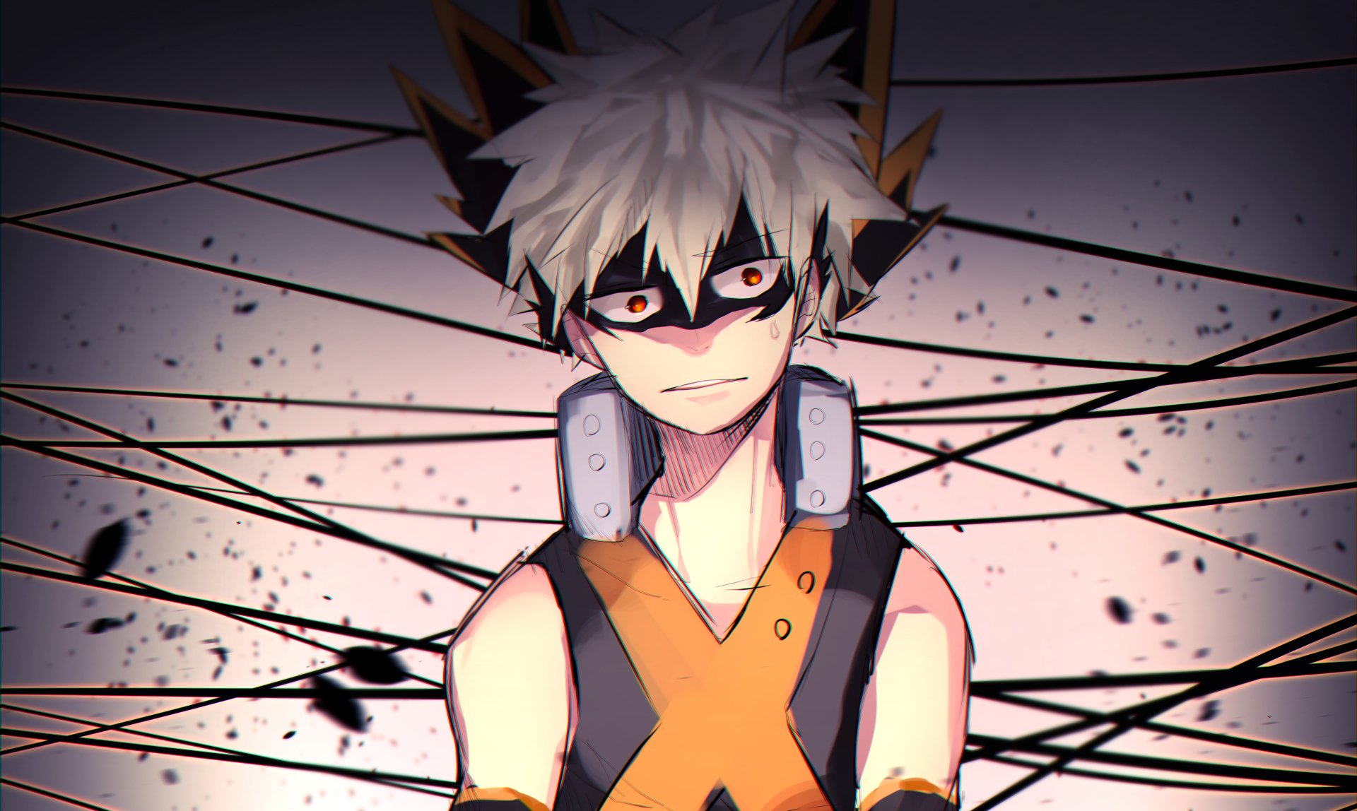 Katsuki Bakugou (My Hero Academia) glares amid a splattered backdrop and crisscrossing black wires — 4K Ultra HD anime PC desktop wallpaper/background.