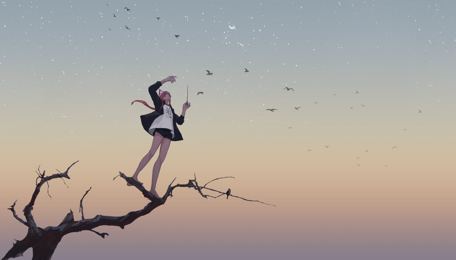 Anime-style original character with animal ears balancing on a bare tree branch against a soft, pastel sky with birds in 4K Ultra HD PC desktop wallpaper quality.