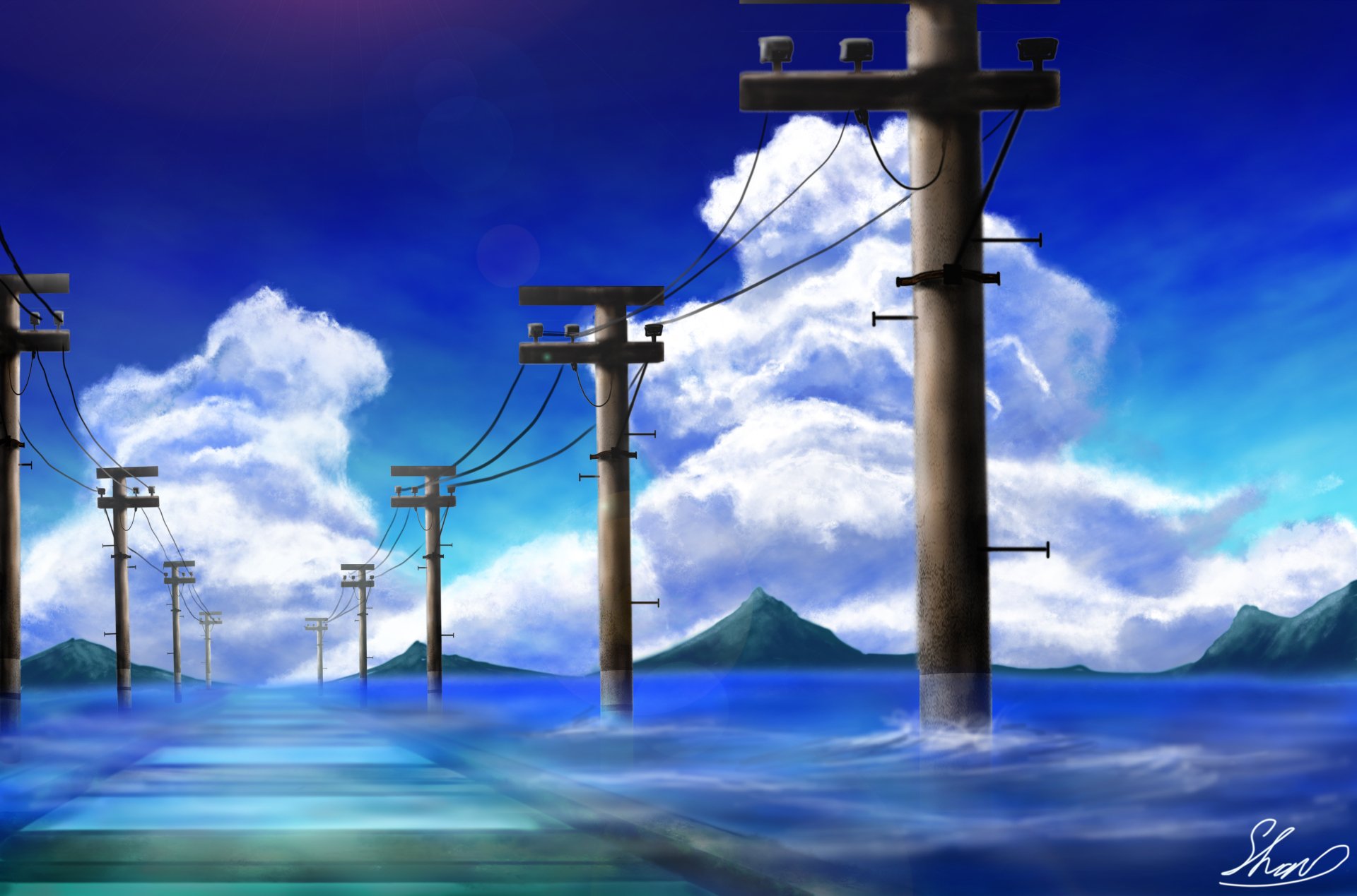 Anime-style 4K Ultra HD desktop wallpaper depicting power poles rising from calm water beneath a vibrant blue sky with large, fluffy clouds.