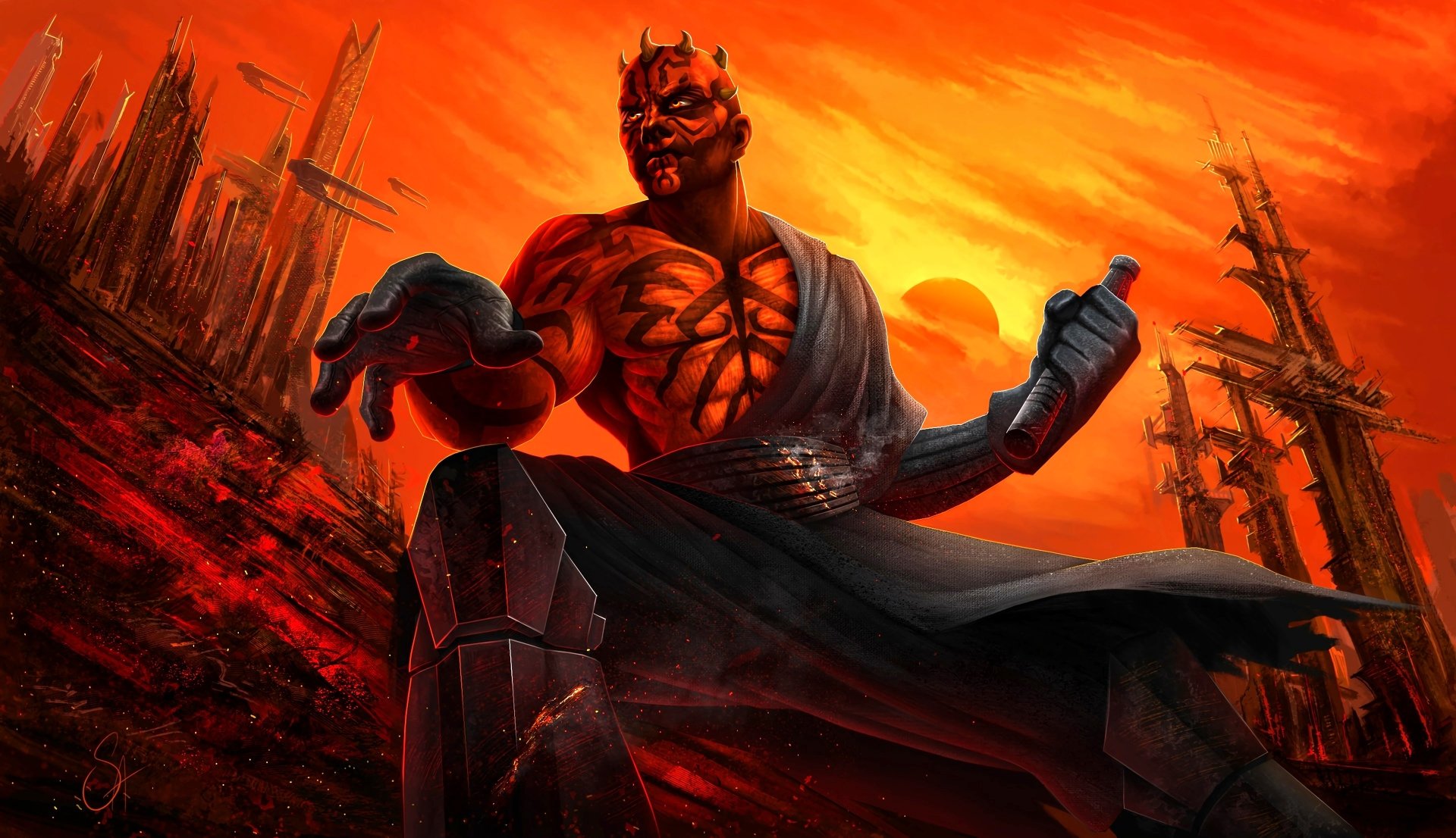 Darth Maul stands in a fiery sci-fi landscape with a glowing orange sky, rendered in stunning 4K Ultra HD for a Star Wars PC desktop background.