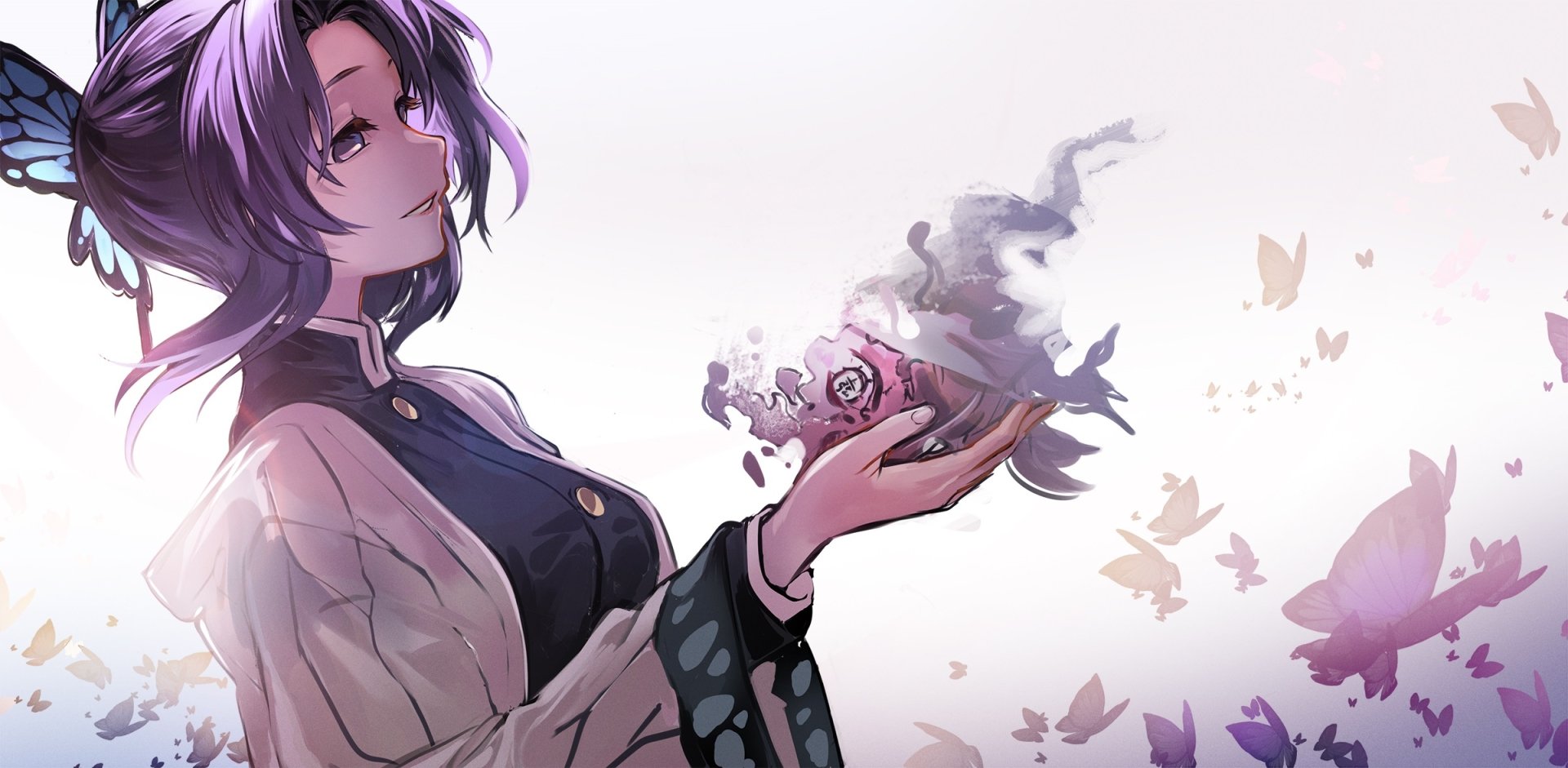 HD PC desktop wallpaper featuring Shinobu Kochou from the anime Demon Slayer: Kimetsu no Yaiba, depicted with a serene expression and butterflies fluttering around.