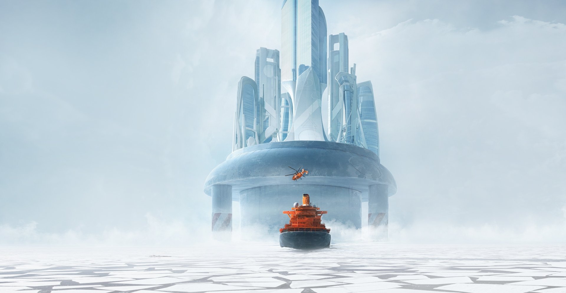 Download Skyscraper Icebreaker Helicopter Ice Island Artistic City HD Wallpaper by DOFRESH