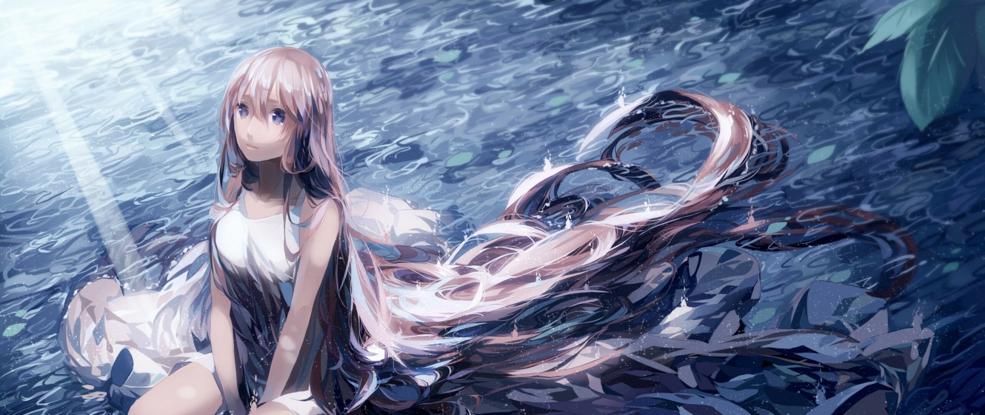 HD anime desktop wallpaper featuring Vocaloid Luka Megurine with long flowing hair surrounded by water, capturing a serene and detailed artistic style.