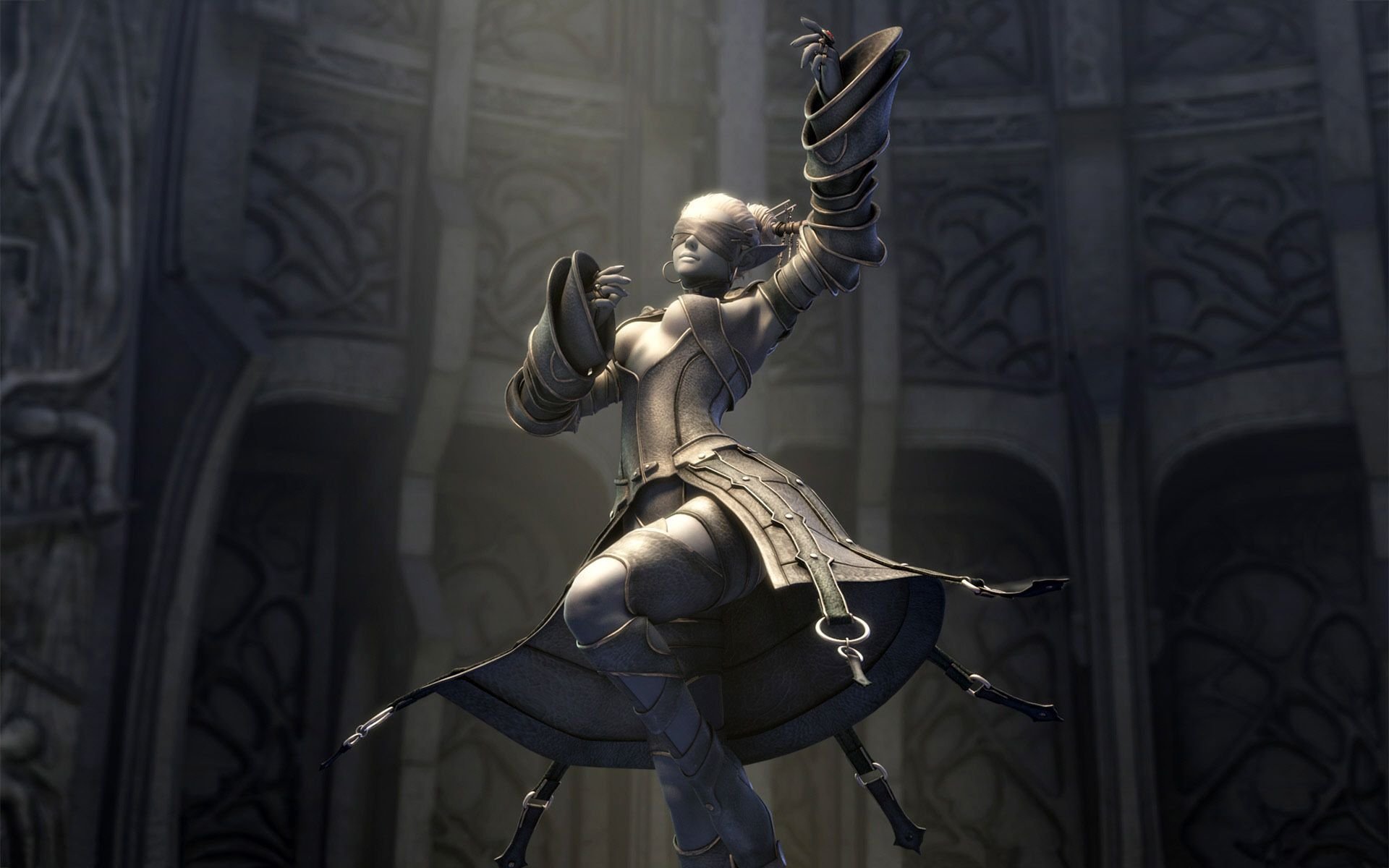 HD PC desktop wallpaper featuring a dynamic character from the video game Lineage, set against a dark, intricately detailed backdrop with dramatic lighting.