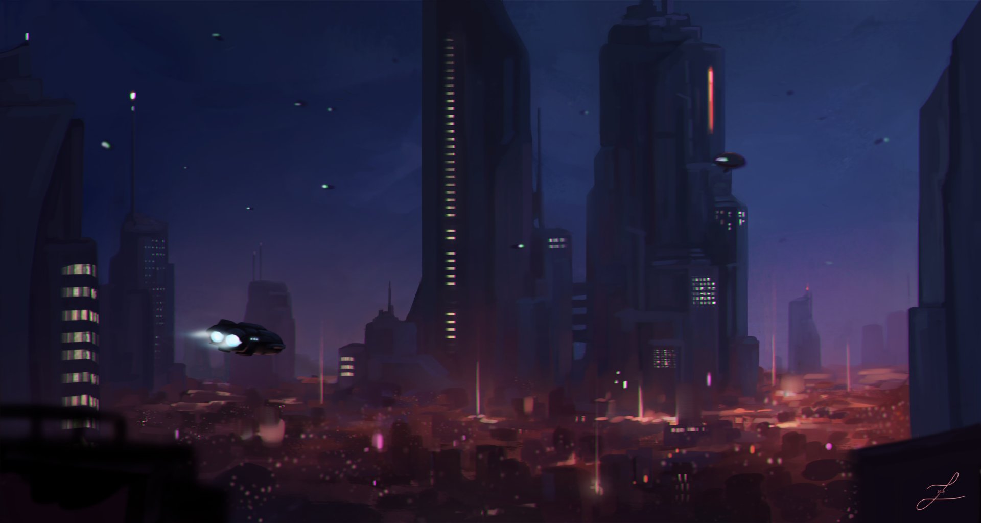 2K Quad HD PC desktop wallpaper of a neon-lit futuristic sci-fi city at night with towering skyscrapers, flying vehicles, and glowing streets.